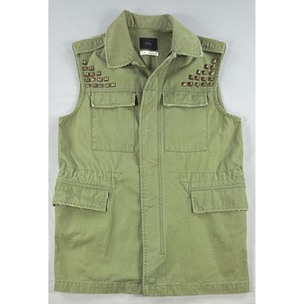 BDG Studded Utility Vest Women's S-P Green Pockets Zipper Button Sleeveless